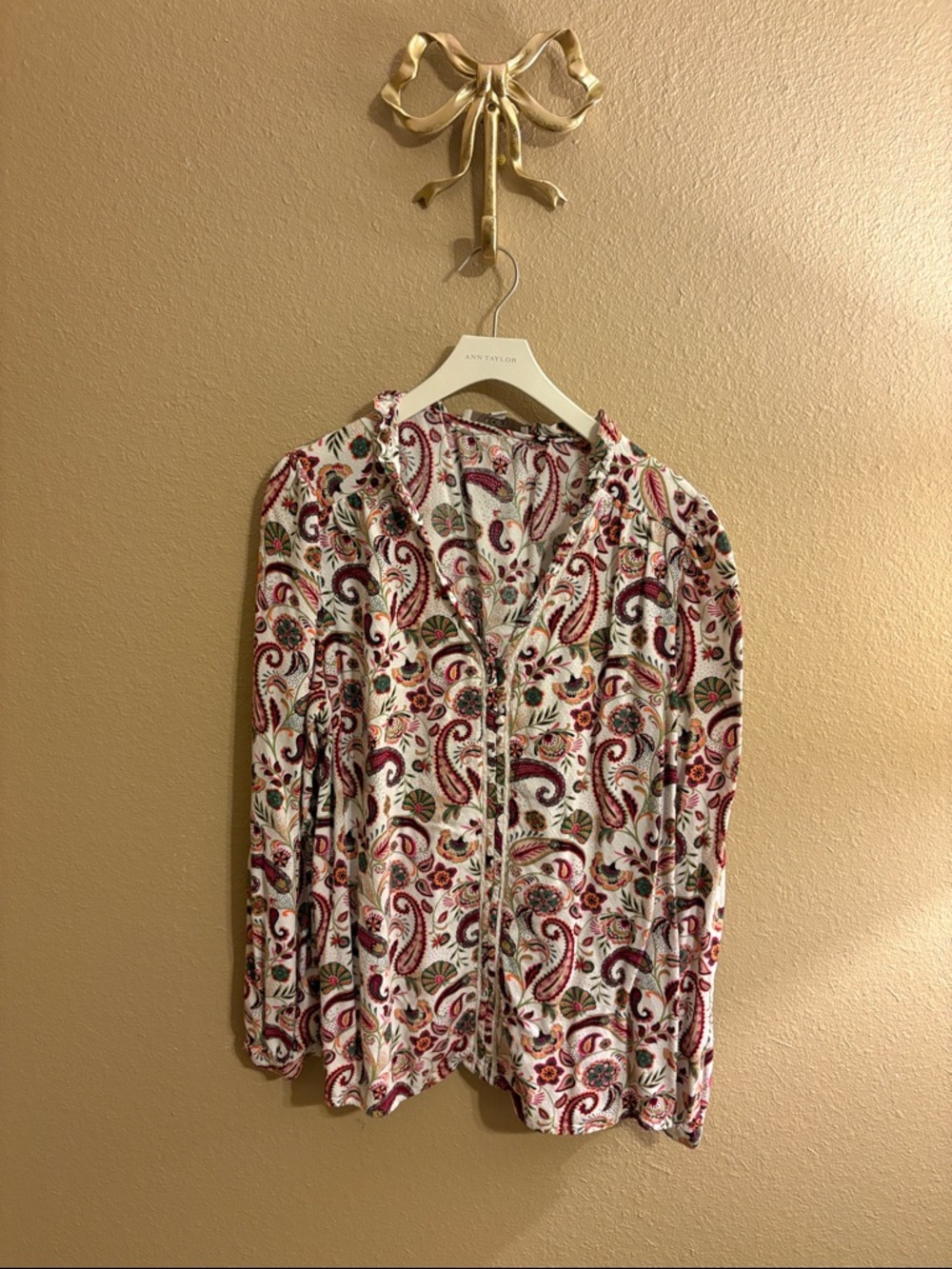 LOFT Cream Blouse with Pink & Green Paisley